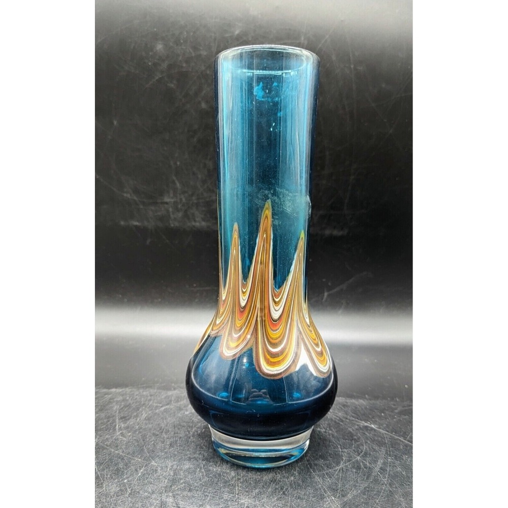 Vintage Schott Zwiesel ‎ Glass Vase By Heinrich Loffelhardt MCM Blue Swirl 10"
